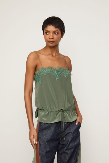 Top De Seda De Alcinha Decote Reto Verde Com Renda Verde Thyme - 42