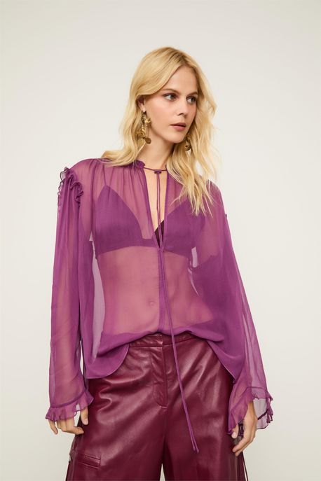 Bata Chiffon Manga Longa Decote v Com Babados Roxo Acai Roxo Acai - 38
