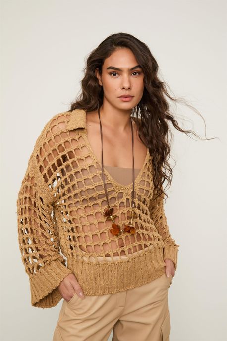 Blusa Tricot Gola Polo Marrom Palha - M