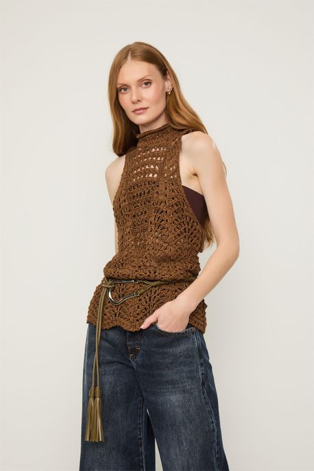 Blusa Tricot Decote Nadador Marrom Castanha - G