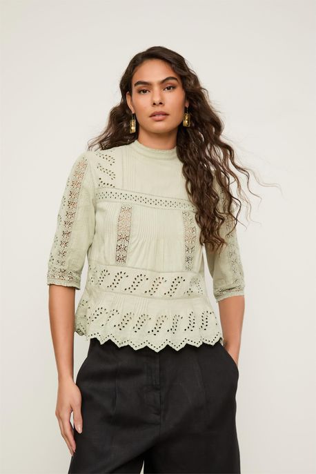 Blusa De Manga Curta e Gola Alta Bordada Verde Cinza Seagrass - 36