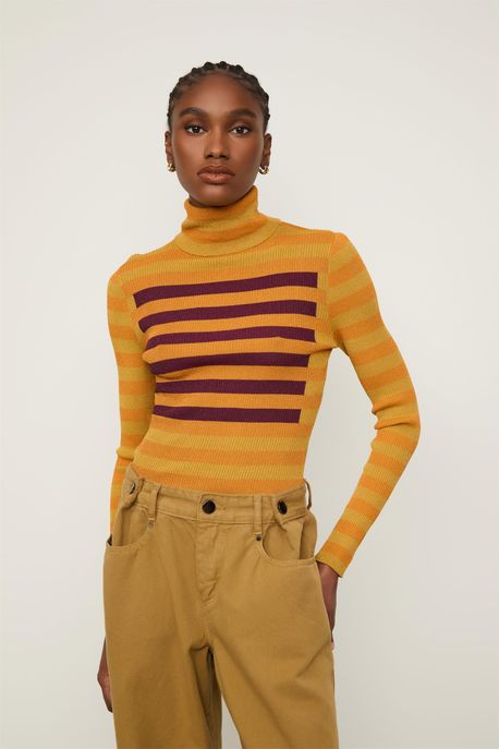 Blusa Tricot Listra Loc Manga Longa Laranja Modart/ Marrom Sepia/ Roxo Açai - M