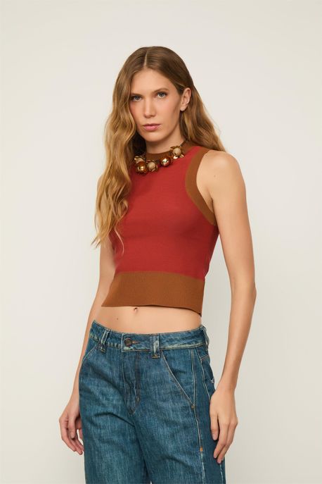 Regata De Tricot Cropped Detalhe Retilínea Vermelho Terroso/ Marrom Biscoito - M