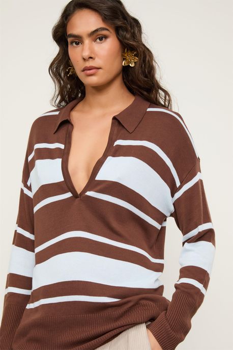 Blusa De Tricot Gola Polo Listra Bicolor Marrom Castanha/ Azul Bruma - G