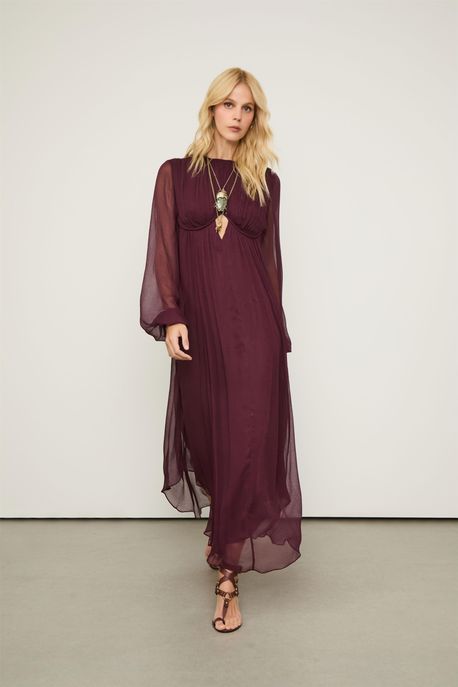 Vestido De Chiffon Midi Manga Longa Vinho Abertura No Busto Vinho Safra - 38