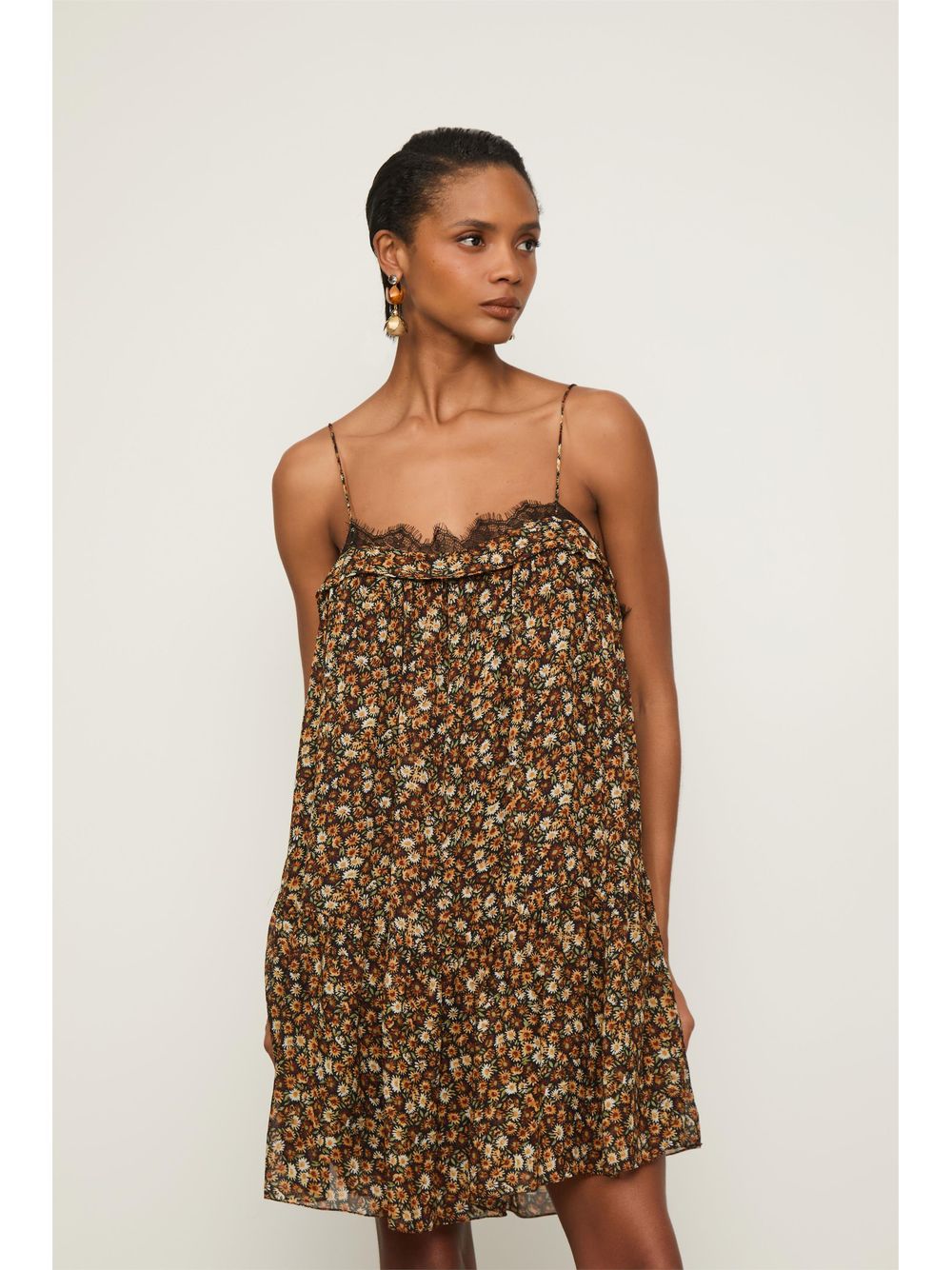 Animale — Vestido De Georgette Curto Alcinha Decote Reto Com Renda Estampado