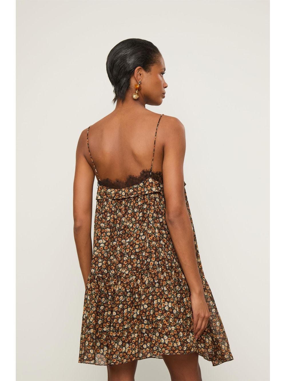 Animale — Vestido De Georgette Curto Alcinha Decote Reto Com Renda Estampado