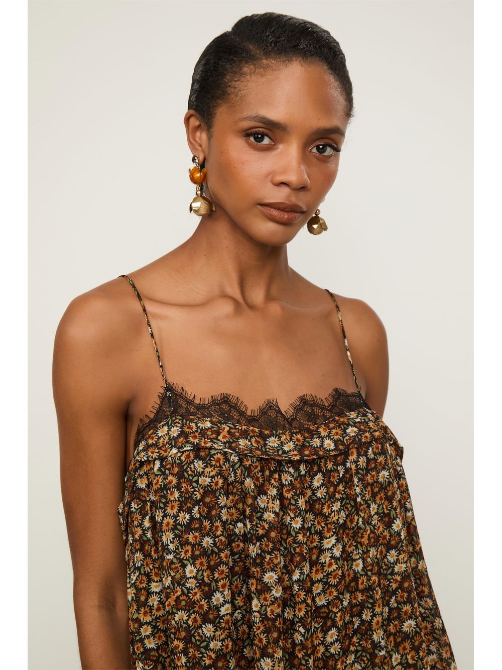 Animale — Vestido De Georgette Curto Alcinha Decote Reto Com Renda Estampado