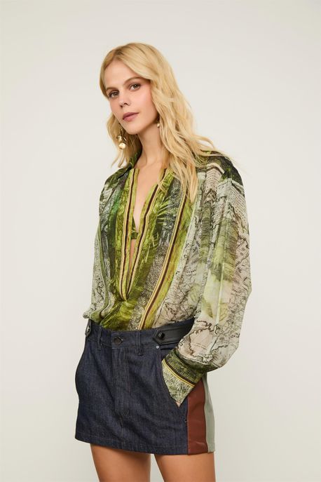 Camisa De Georgette Manga Longa Estampada Est Eng Lenco Mapa Camisa Ggt - 44