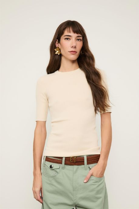 T-Shirt Básica De Tricot Canelado Bege Petala - P