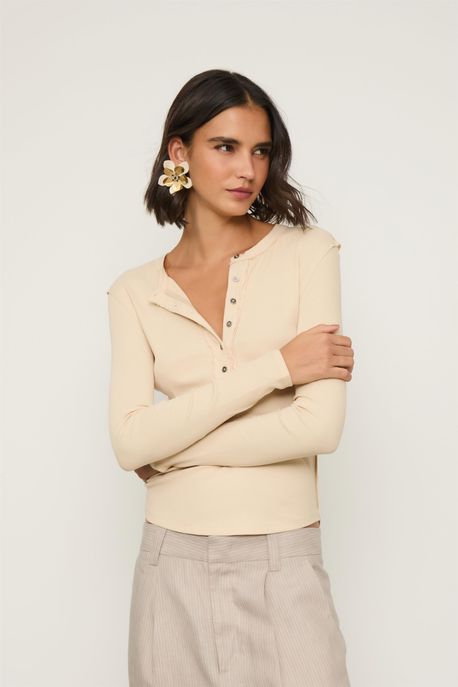 Blusa Rib Botões Bege Petala - G