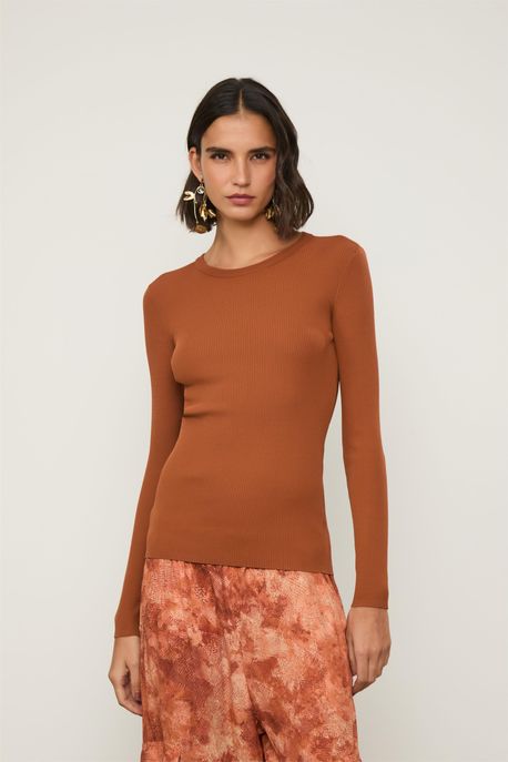 Blusa De Tricot Canelado Manga Longa Básica Marrom Biscoito - P