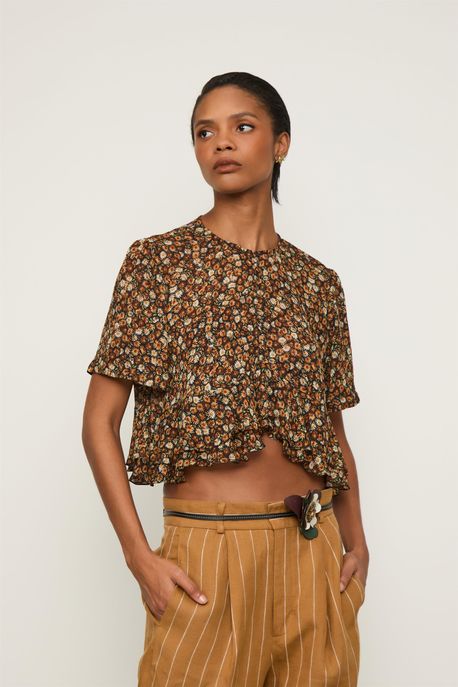 Top De Georgette Manga Curta Com Babados Na Barra Estampado Est Liberty Seeds Color - 36