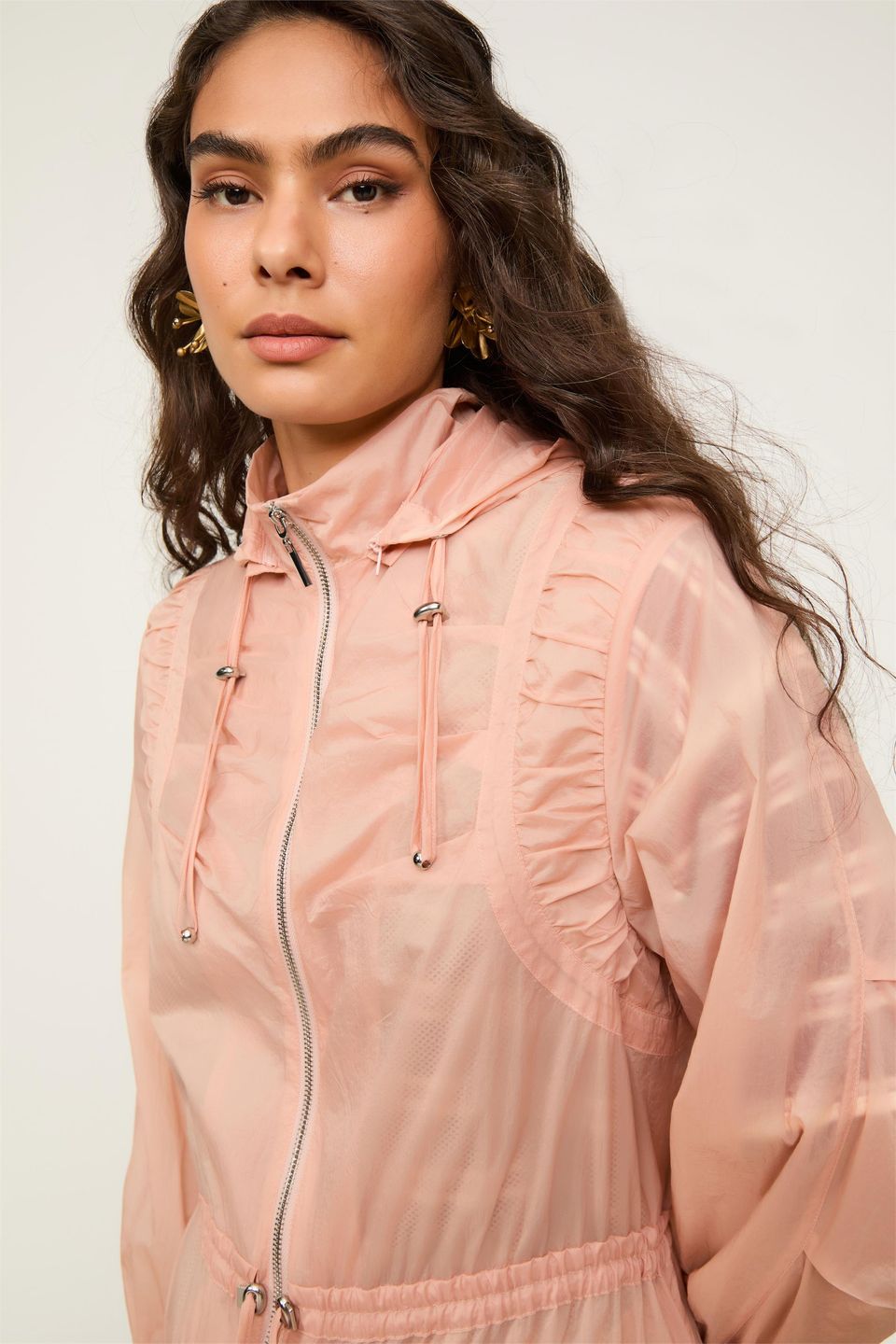 Jaqueta Parka de Nylon com Capuz e Transparência Rosa