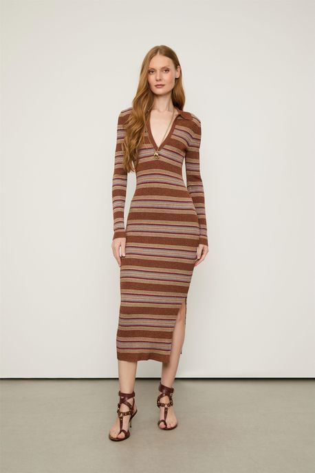 Vestido De Tricot Midi Listrado Lurex Com Gola Polo Listra Bruma Terroso - G