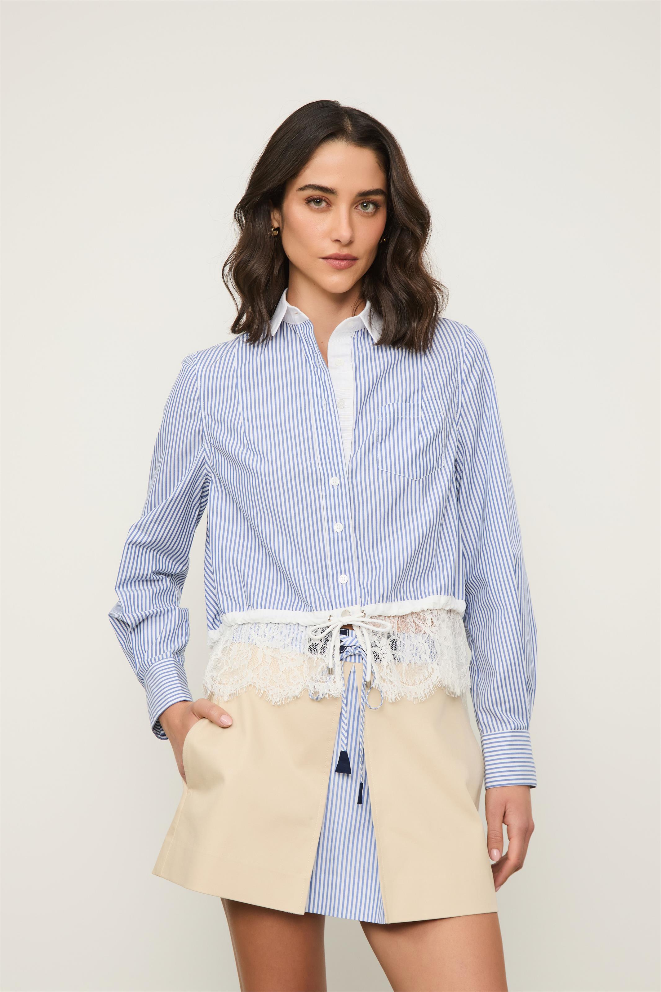 Camisa De Tricoline Listrada Com Barra De Renda