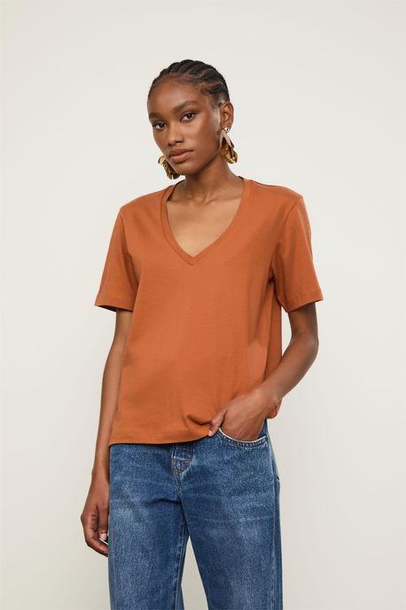 T-Shirt Decote v Pima Marrom Biscoito - PP