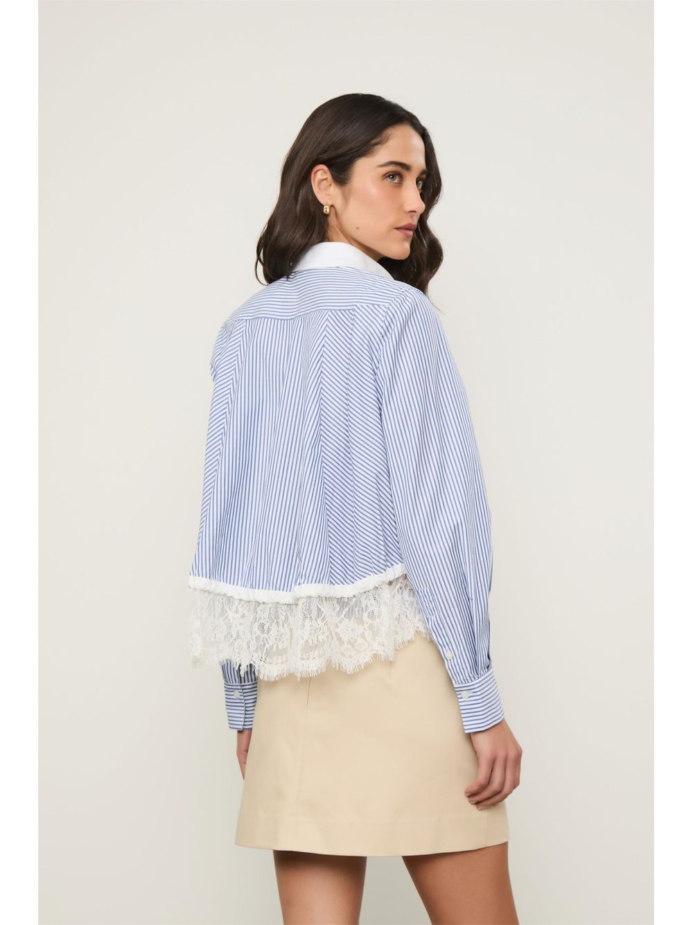 Animale — Camisa De Tricoline Listrada Com Barra De Renda