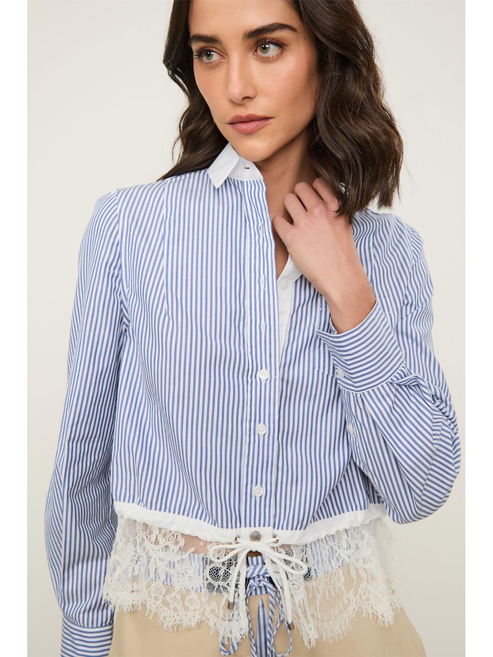 Animale — Camisa De Tricoline Listrada Com Barra De Renda