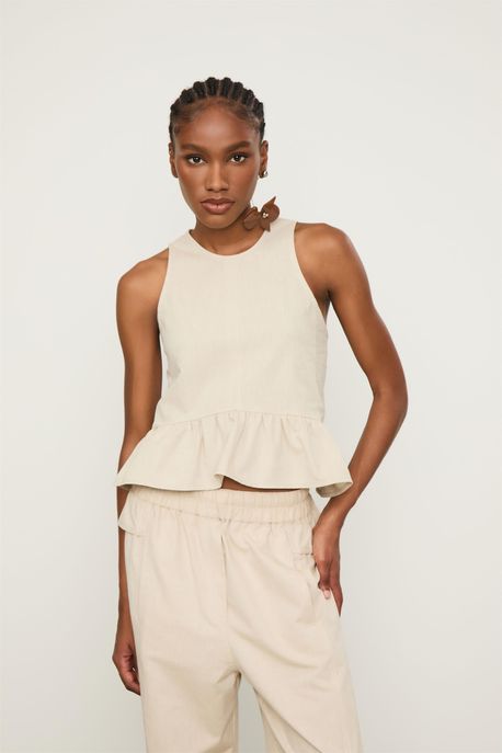 Top De Algodao Peplum Bege Bege - 36