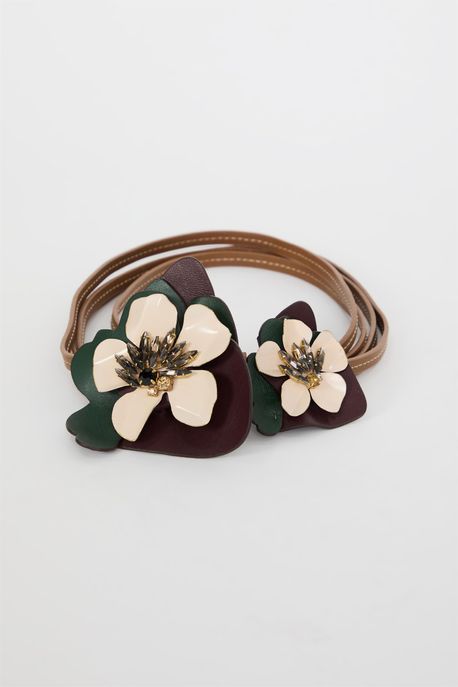 Cinto De Couro Flor Pedraria Caramelo - PP