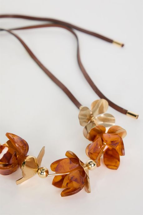 Colar De Couro Marrom Com Flores Marrom - U