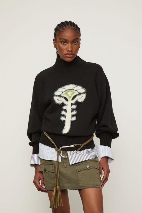 Blusão De Tricot Pull Gola Alta Com Intarsia Flor Preto - G