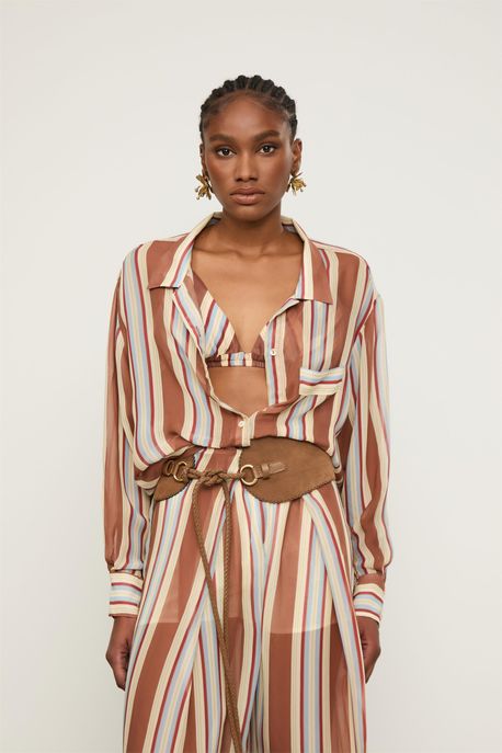 Camisa De Georgette Oversized Com Bolso Listrada Est Listra Bruma Terroso - 38