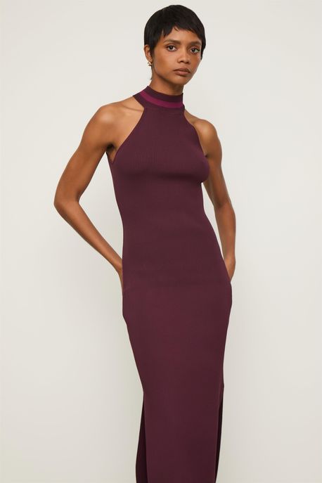 Vestido De Tricot Midi Vinho Decote Halter Com Gola Alta Vinho Safra/ Roxo açaí - P