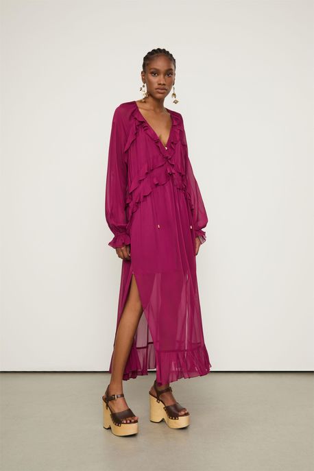 Vestido De Georgette Midi Roxo Acai Com Mangas e Babados Roxo Acai - 40