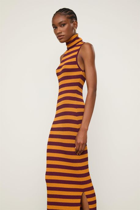 Vestido De Tricot Midi Listrado Sem Manga Com Gola Alta Roxo Acai/ Laranja Modart - G