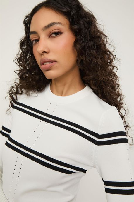Blusa De Tricot Manga Longa Listra Dupla Off White/ Preto - G