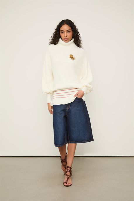 Blusão De Tricot Cós Lastex Off White / Marrom Sepia - P