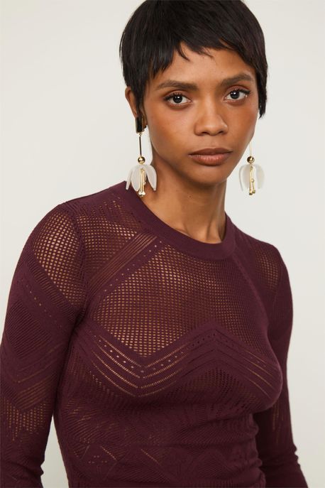 Blusa De Tricot Manga Longa Com Transparência Rendada Vinho Safra - G
