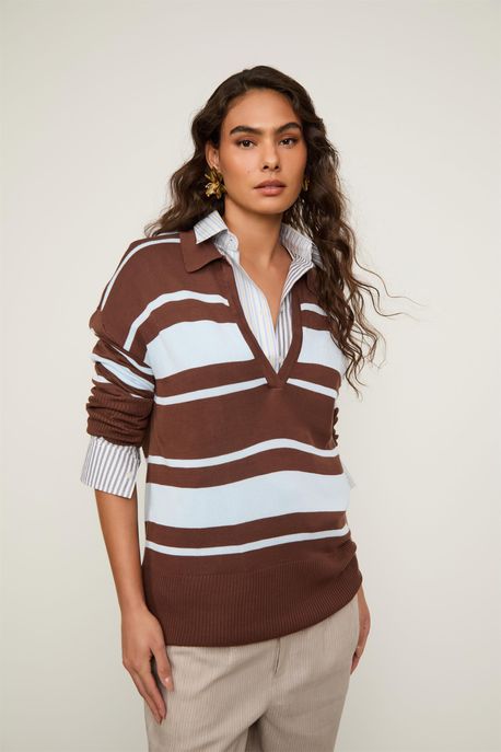 Blusa De Tricot Gola Polo Listra Bicolor Marrom Castanha/ Azul Bruma - G