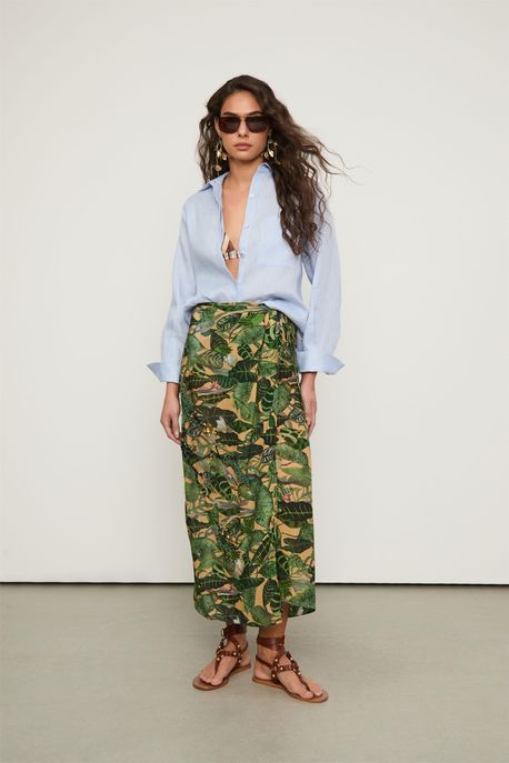 Saia De Georgette Midi Pareo Bordada Estampada Est Fig Folhagem Insetos Apricot - 44