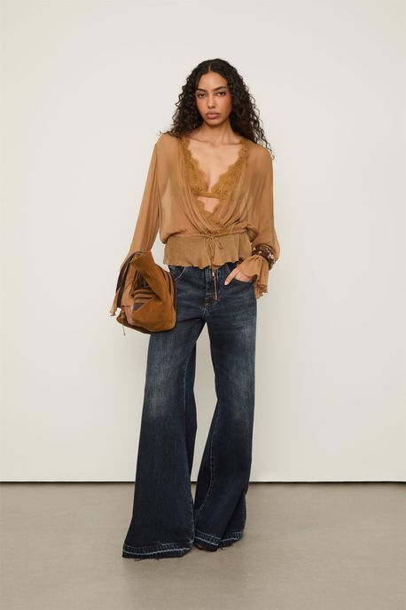 Bata Chiffon Peplum Com Renda Marrom Sepia - 42