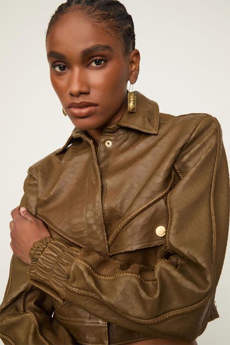 Jaqueta e Couro Cropped Snake Marrom Plum - 36