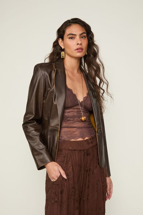 Blazer De Couro Slim Barra a Fio Marrom Plum - 34