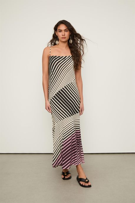 Vestido Midi Decote Reto Estampado Est Listra Degrade Cameo e Safra - 36