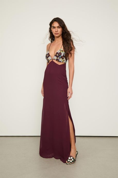 Vestido De Gerogette Midi Alcinha Vinho Busto Bordado Vinho Safra - 42