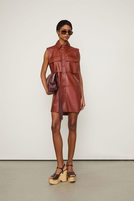Vestido Camisa De Couro Bolso Frontal Pinhao/Mostarda - 40