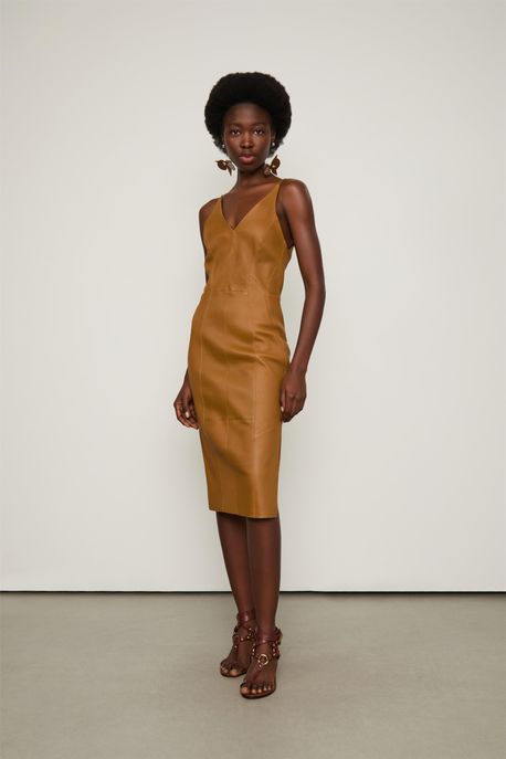 Vestido De Couro Midi Stretch Caramelo - 42