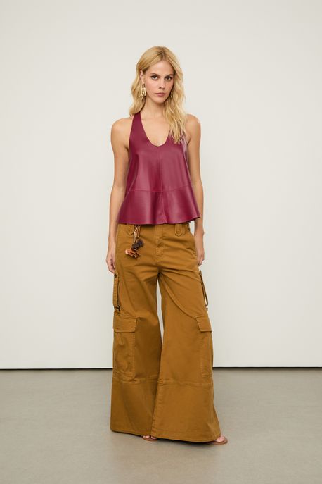 Calça De Sarja Ampla Bolso Lateral Marrom Azeitona - 44