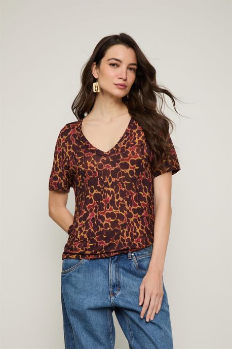 Tee Decote v Manga Curta Floral Est Floral Ninfea Color Liso - PP