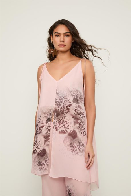 Blusa De Georgette Longa Alcinha Estampada Est Bar Orquidea Crepusculo - 36