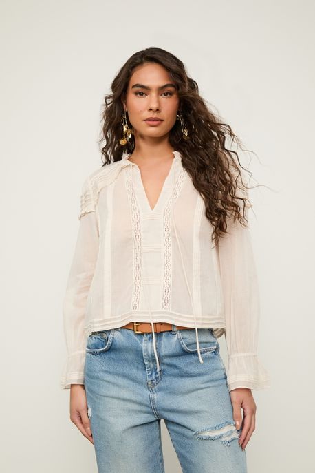 Blusa De Algodão Manga Longa Detalhe Nervuras Bege Natural - G