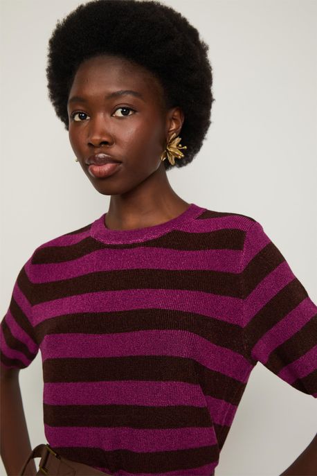 T-Shirt Básica De Tricot Com Lurex Bicolor Marrom Castanha/ Roxo Açai - M