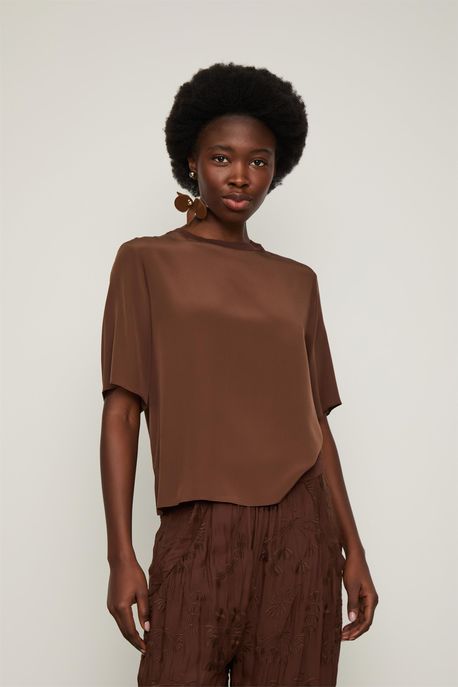 Camiseta De Seda Gola Rib Marrom Castanha - 36
