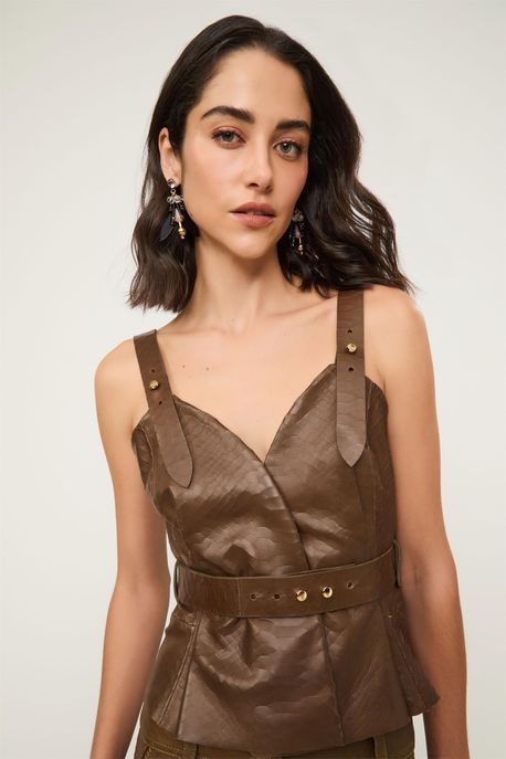 Top De Couro Snake Transpassado Marrom Plum - 44